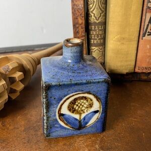 . Vintage Blue Ceramic Bottle - Hand Crafted, Hand Painted Decorative Vase